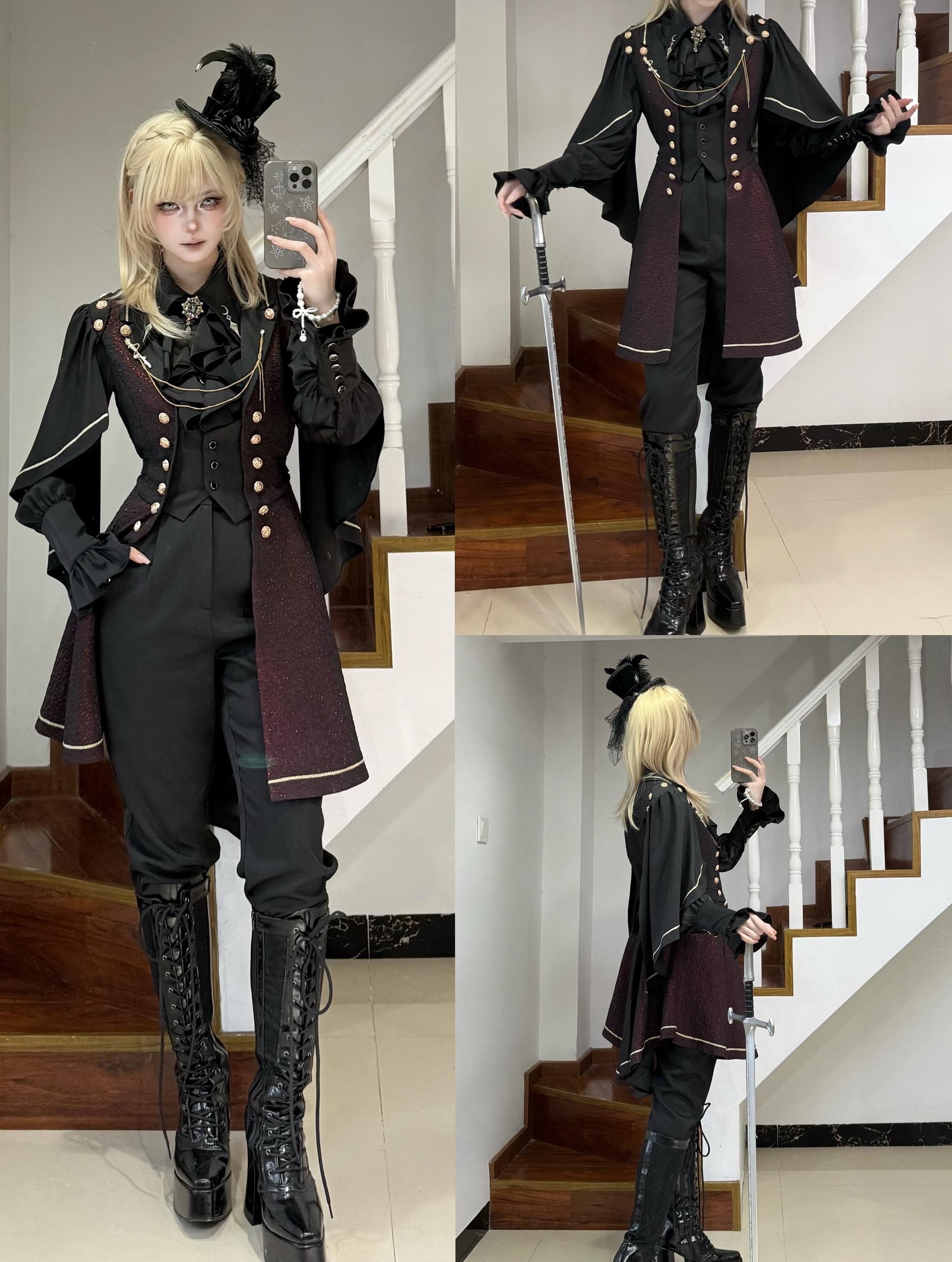Fallen Moon Code - Retro Military Lolita Capelet-Sleeve Set: Vest, Skirt & Pants