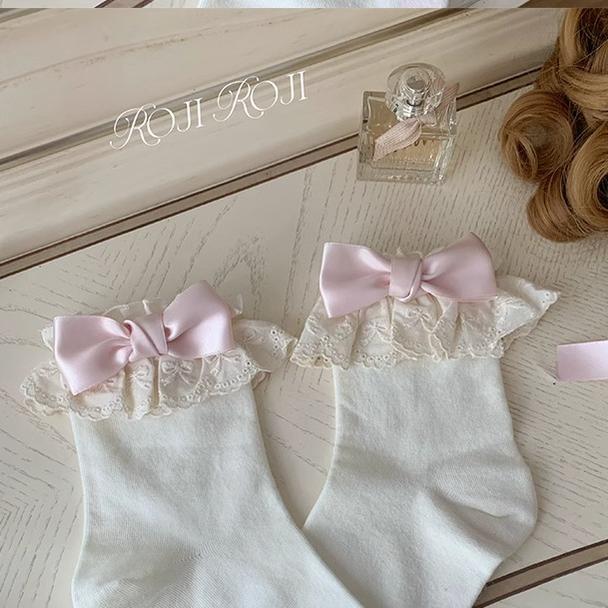 Roji Roji~Cotton Lolita Socks Lace Bow White Socks 38812:601328