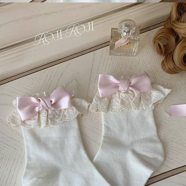 Roji Roji~Cotton Lolita Socks Lace Bow White Socks   