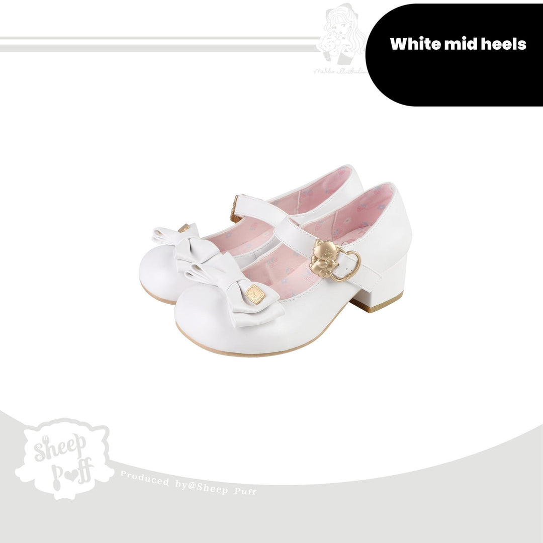 Sheep Puff~Mikko Hug~Sweet Lolita Shose Round Toe Lolitta Heels Butterfly Bow 34 White mid heels