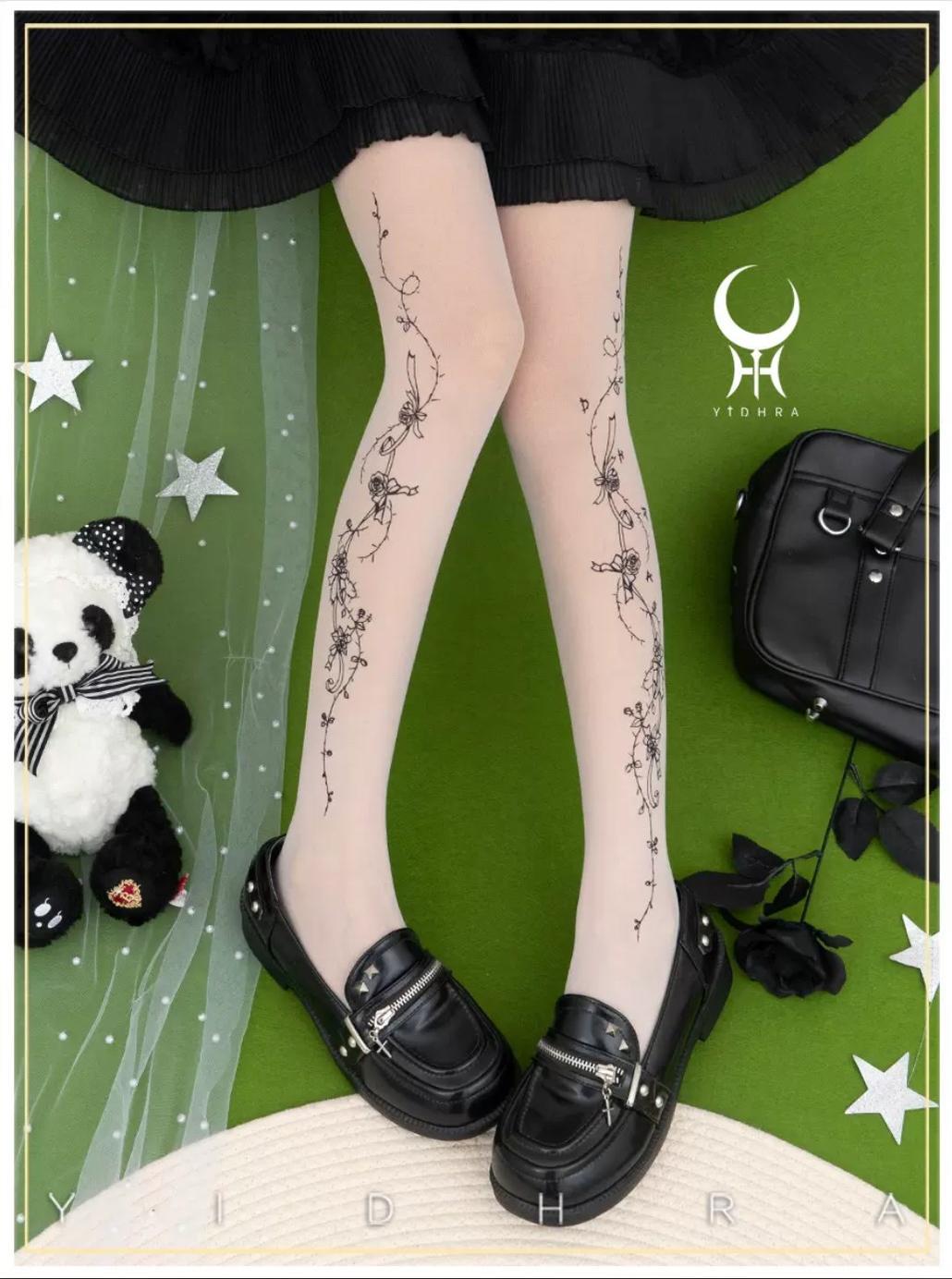 Yidhra - Whisper Rose - Summer 20D velvet Lolita Tights One Size White stocking with black pattern