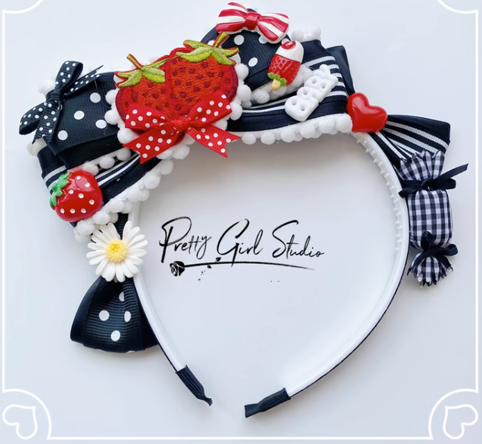 Pretty Girl Lolita~Sweet Lolita Red-Black DIY Strawberry Headdress a black and red bow KC  