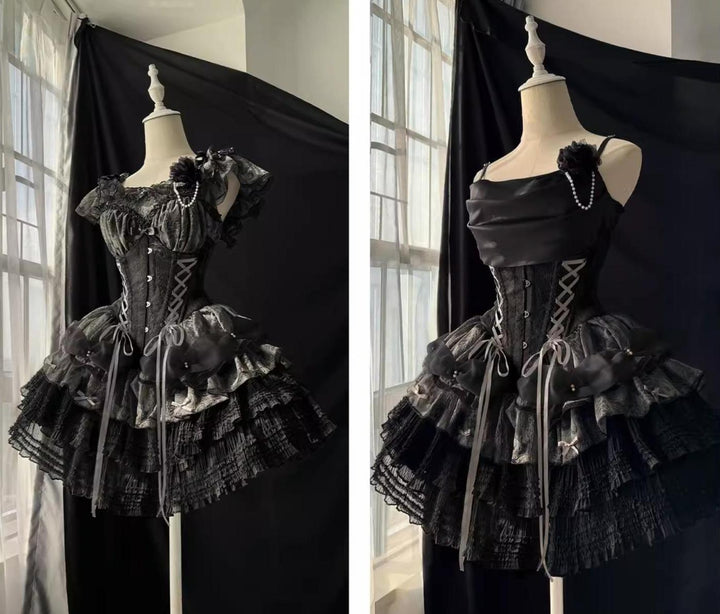 Caramel Antique~Feather Feast~Elegant Lolita Dress Ballet Dress Full Set Flying sleeve inner top XS Short waist version - black silver