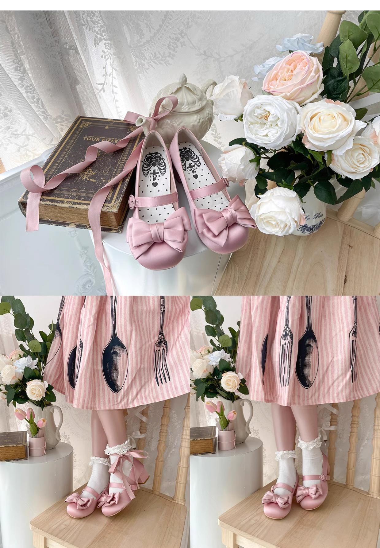 MODO~Sissi~Sweet Lolita Shoes Satin Low Chunky Heels with Bow 42594:749208