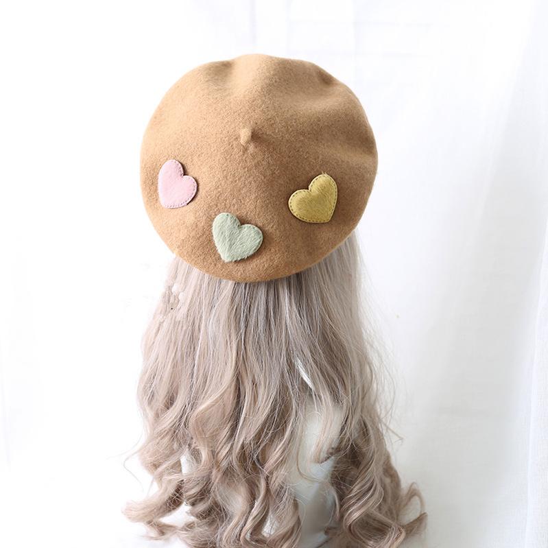 Xiaogui - Sweet Lolita Beret Loving Heart Wool Hat Multicolor M (56-58 cm) camel (with 3pcs loving heart) beret