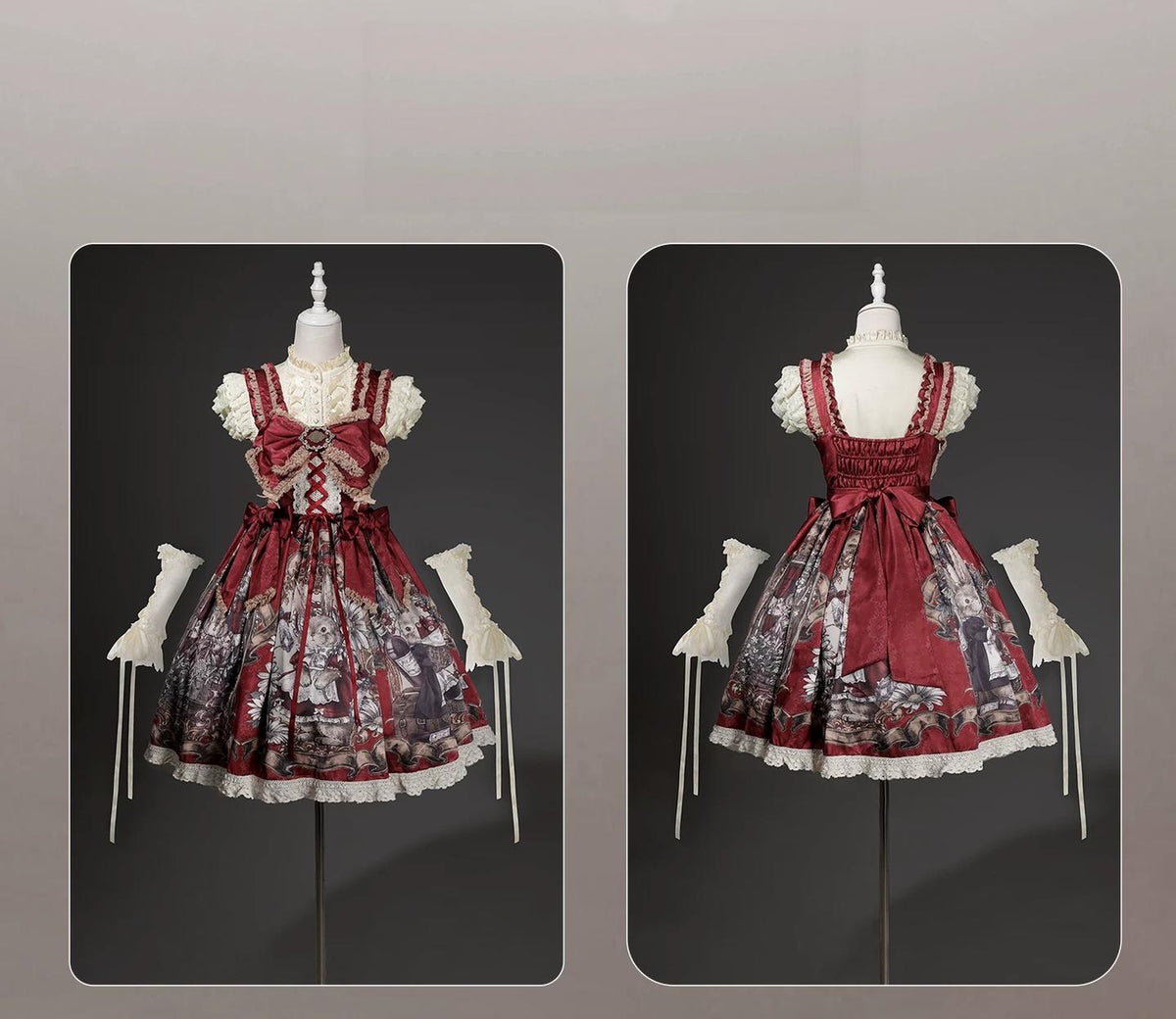Mysterious Ribe - Red Classic Lolita Jumper Skirt & Blouse Set, Rabbit Print 45968:870088