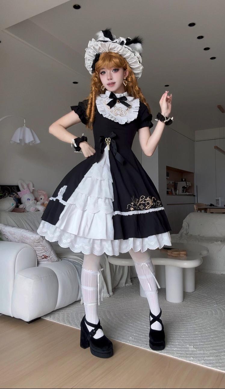 Sewing Magic Cat - Classic Lolita Six-Panel OP Dress with Embroidery OP + Cat Ear Hat S