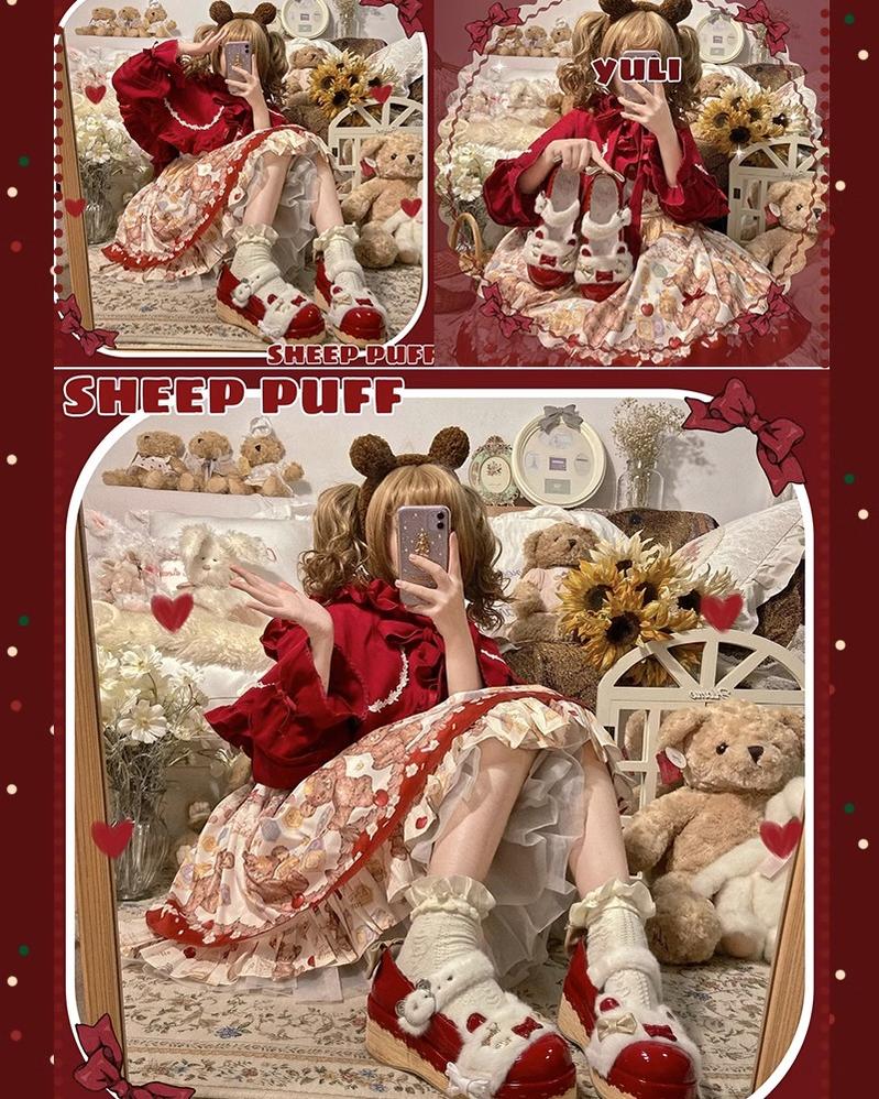 Sheep Puff~Sweet Lolita Red Platform Shoes for Christmas   
