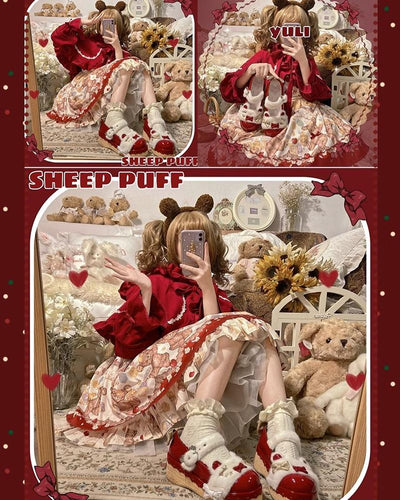 Sheep Puff~Sweet Lolita Red Platform Shoes for Christmas   