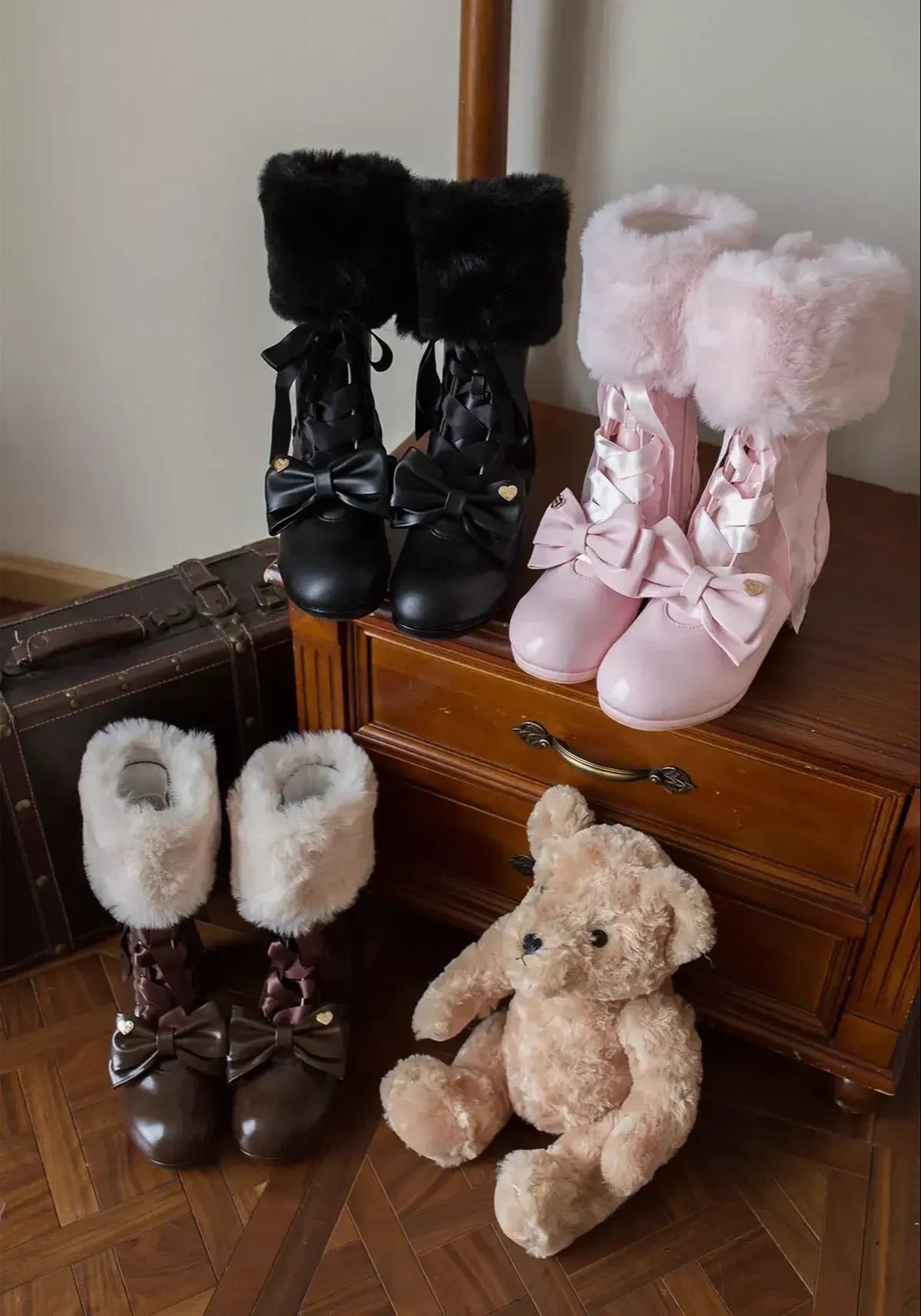 Sheep Puff - Snowy Mochi - Kawaii Lolita Winter Boots, Detachable Fur Trim 43995:791530
