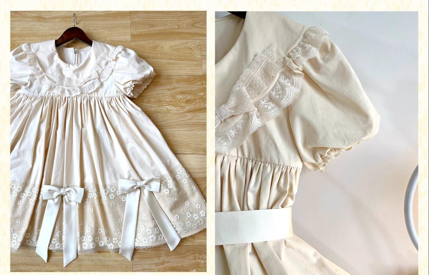Fresh Tea Lolita - Meringue Frosting - Cotton Kawaii Lolita OP Dress with Satin Bow