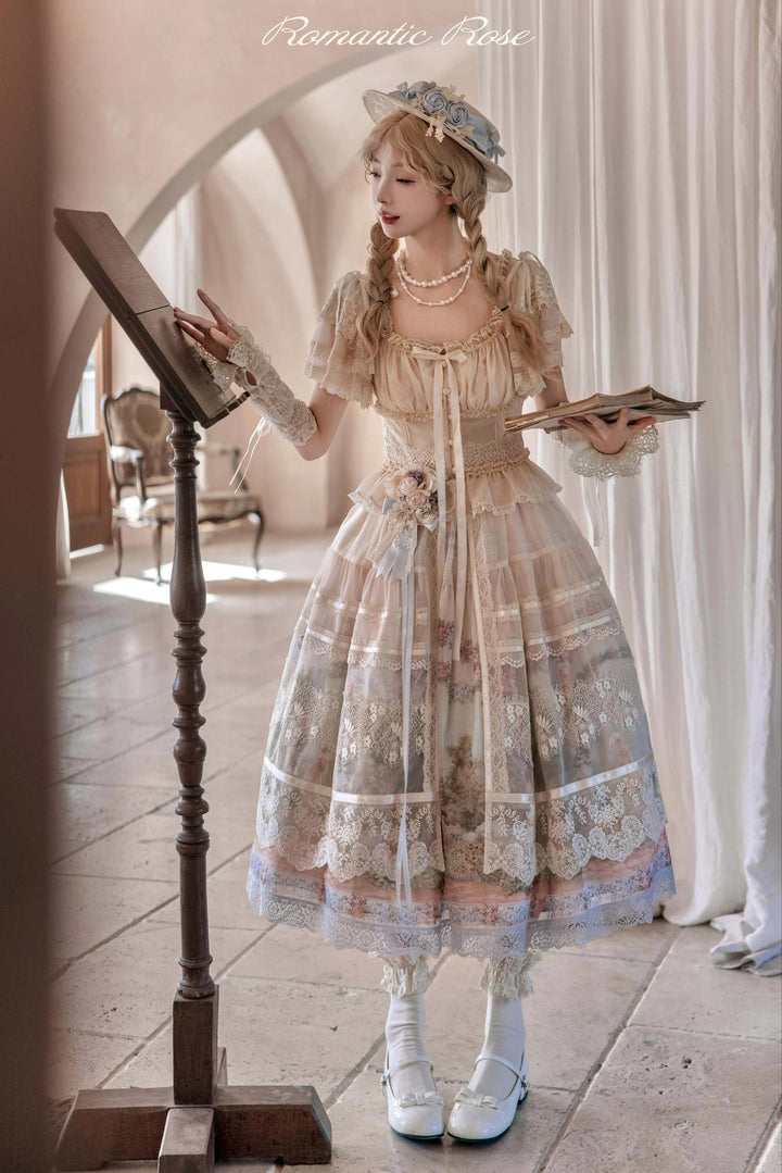 ZUOlanrichen~Romantic Rose~Classic Lolita Shirt with Puffy Sleeves Sheer Skirt Overlay