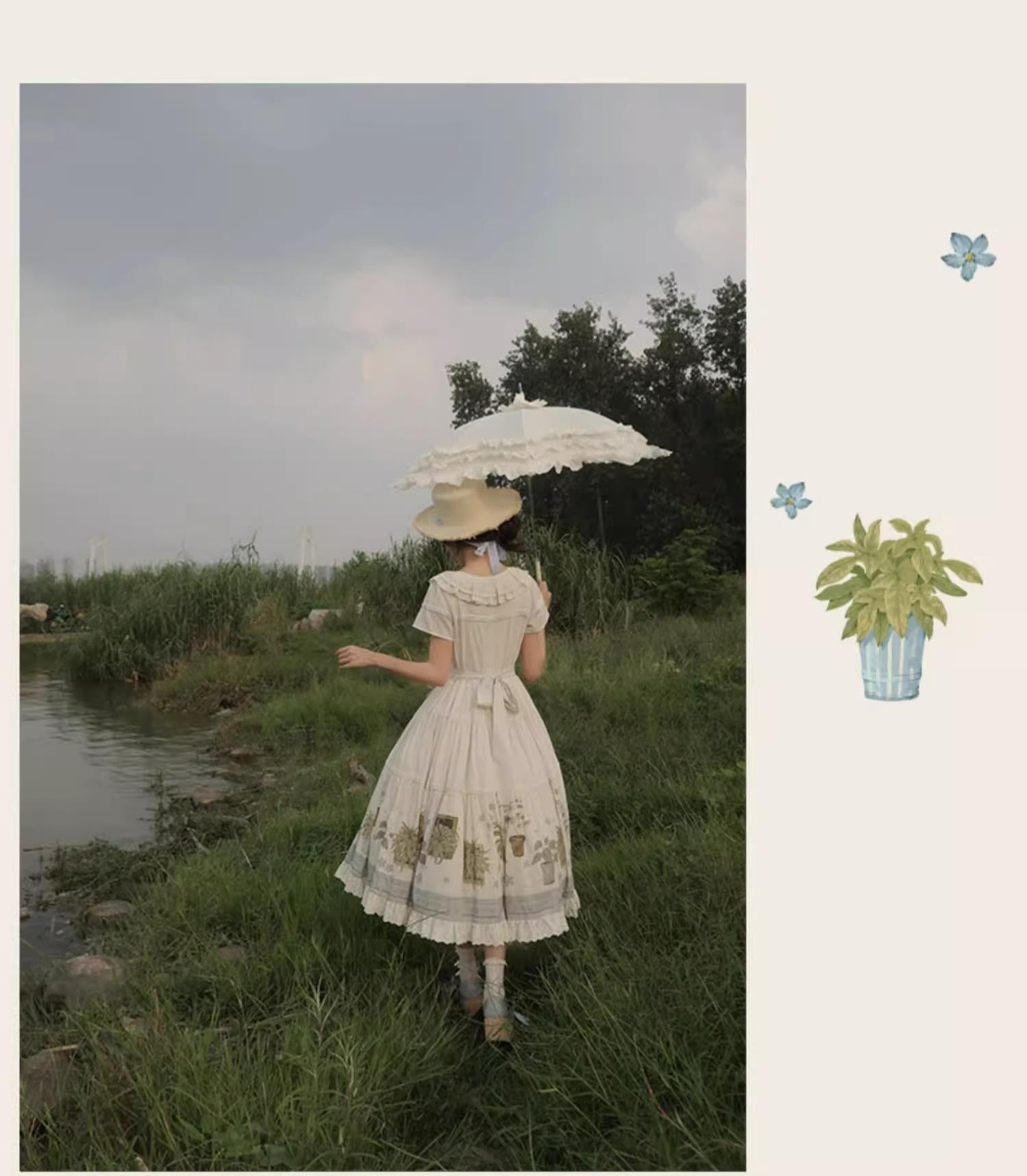 Piggy Bun - Potted Plant - Country Lolita Dress, Green Plant Print