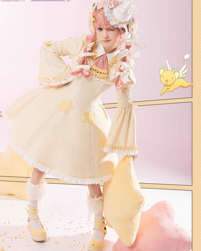Summer Fairy~Sakura Collab Series~Yellow Lolita OP Dress Star Print   