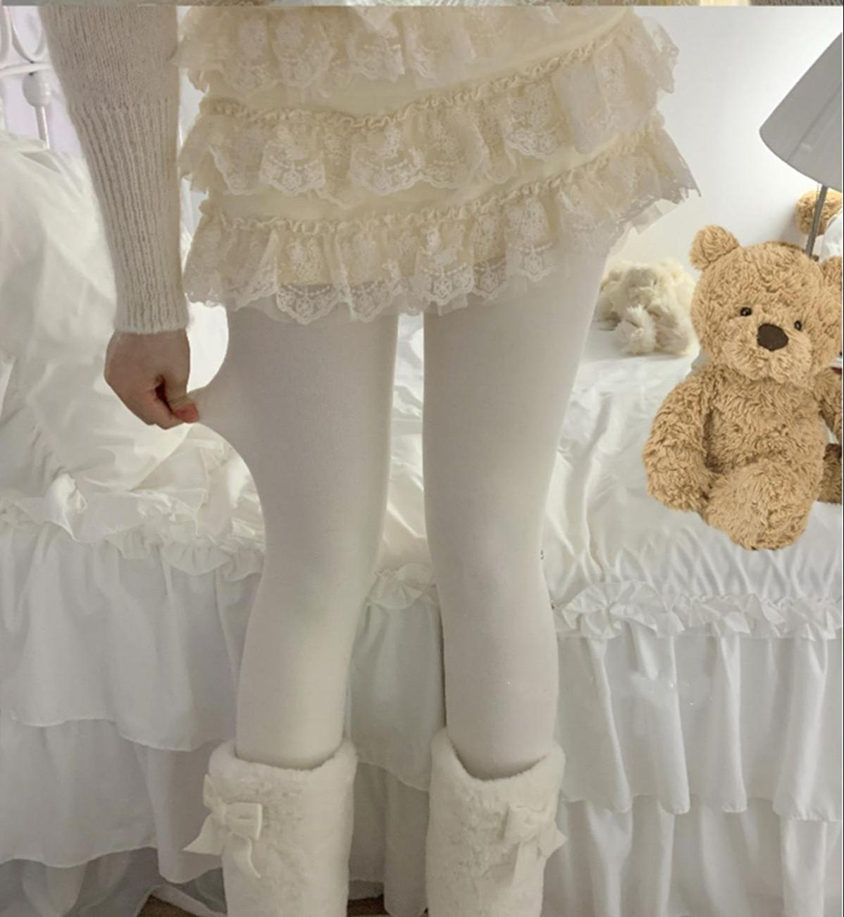 Roji roji - Winter Lolita Pantyhose Velvet Thicken Tights Height 150-175 cm /59.1-68.9 inches 300D milk-white(slightly thick )