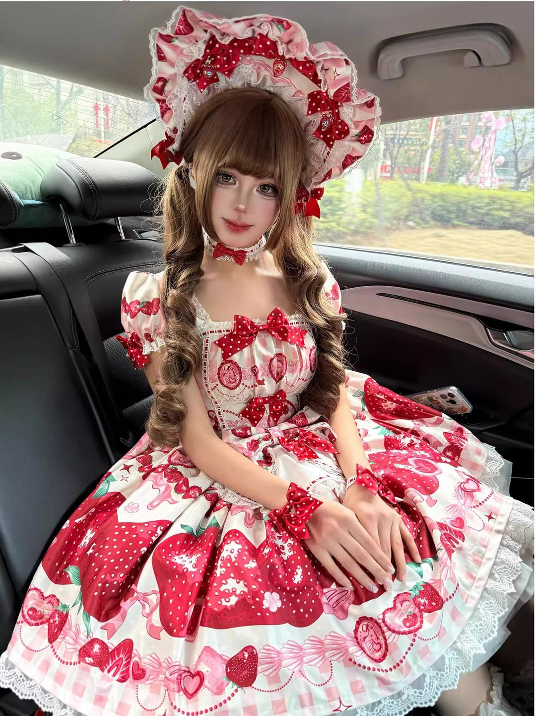 Mengfuzi~Strawberry~Sweet Lolita OP and JSK with Strawberry Print Ivory S Mini Sleeves OP (comes with apron and bows)