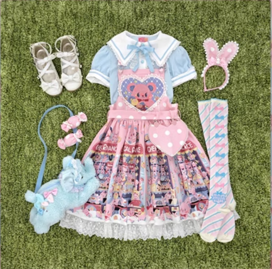 Chemical Romance~Sweetheart Doll Machine~Sweet Lolita Printed Salopette S with lace pink