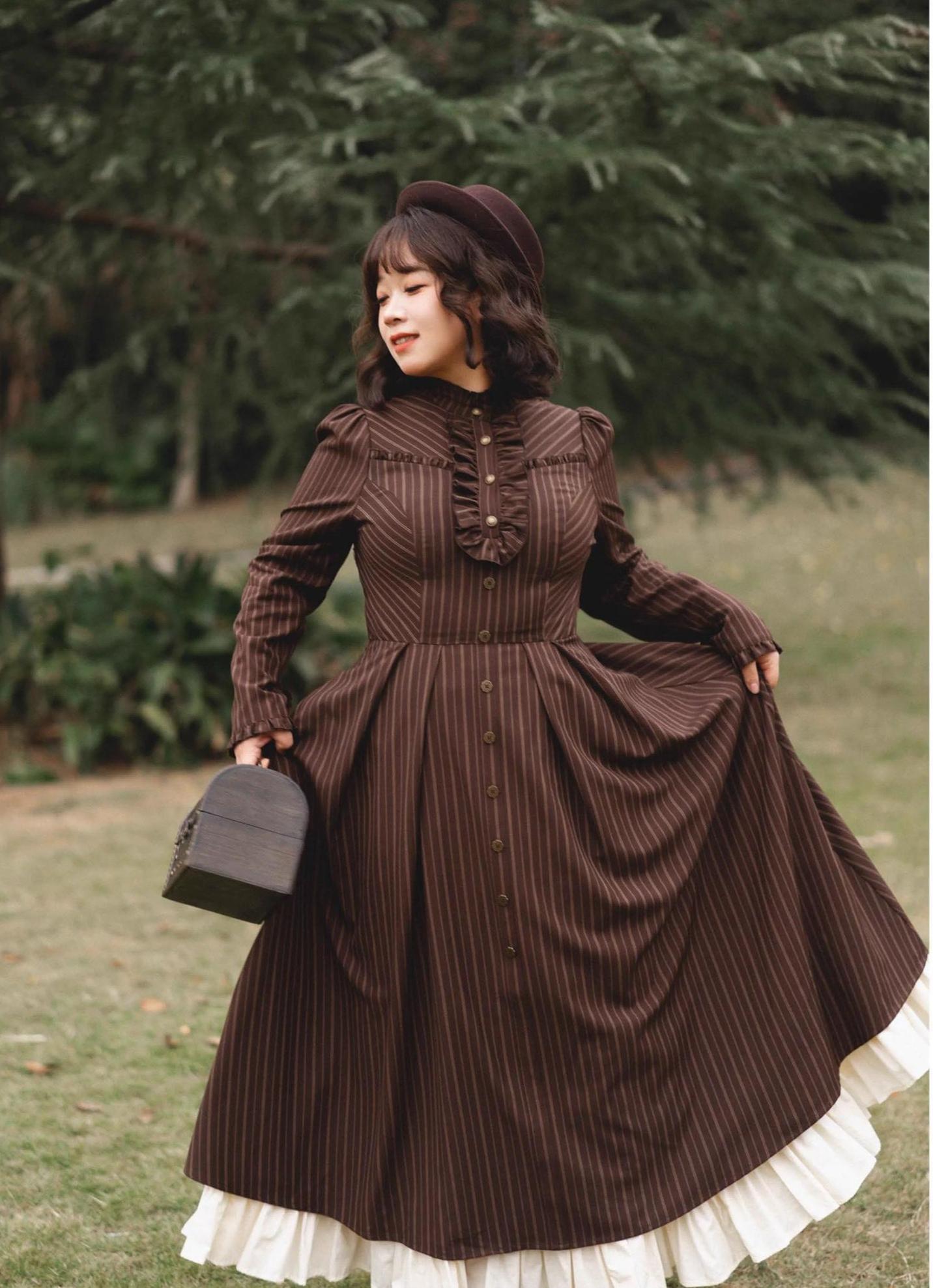 Forest Castle - Classic Lolita Long Striped Dress, Irregular Hem Vest 44441:809889