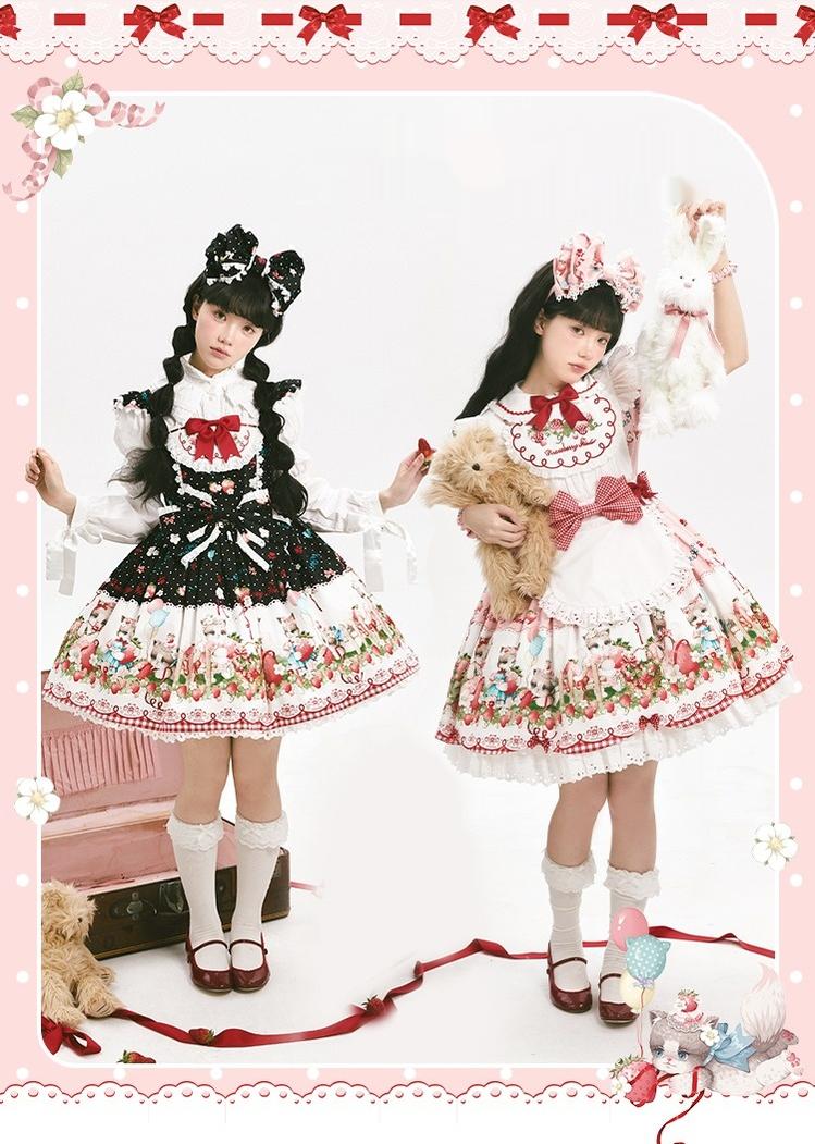 GD Lolita~Cat Strawberry Garden~Sweet Lolita Dress High Waist JSK Strawberry Print OP