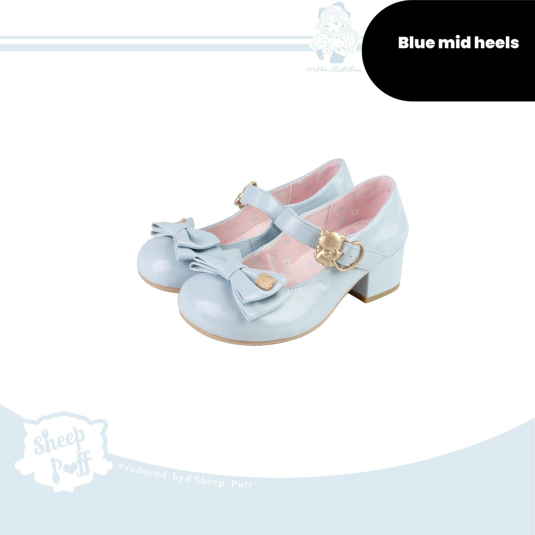 Sheep Puff~Mikko Hug~Sweet Lolita Shose Round Toe Lolitta Heels Butterfly Bow 34 Blue mid heels