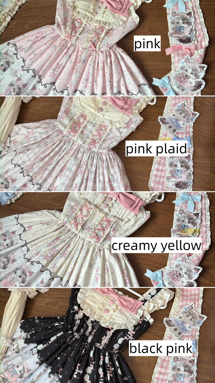 Shattered Lace Dream - Shattered Cat - Cat Printed Kawaii Lolita JSK Dress, Embroidered Sash