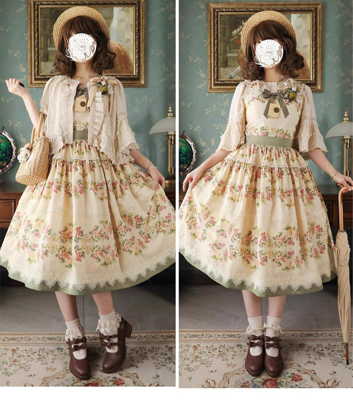 Surface Spell - Blooming Roses Over a Porch - Cotton Elegant Lolita JSK Dress, Floral Print