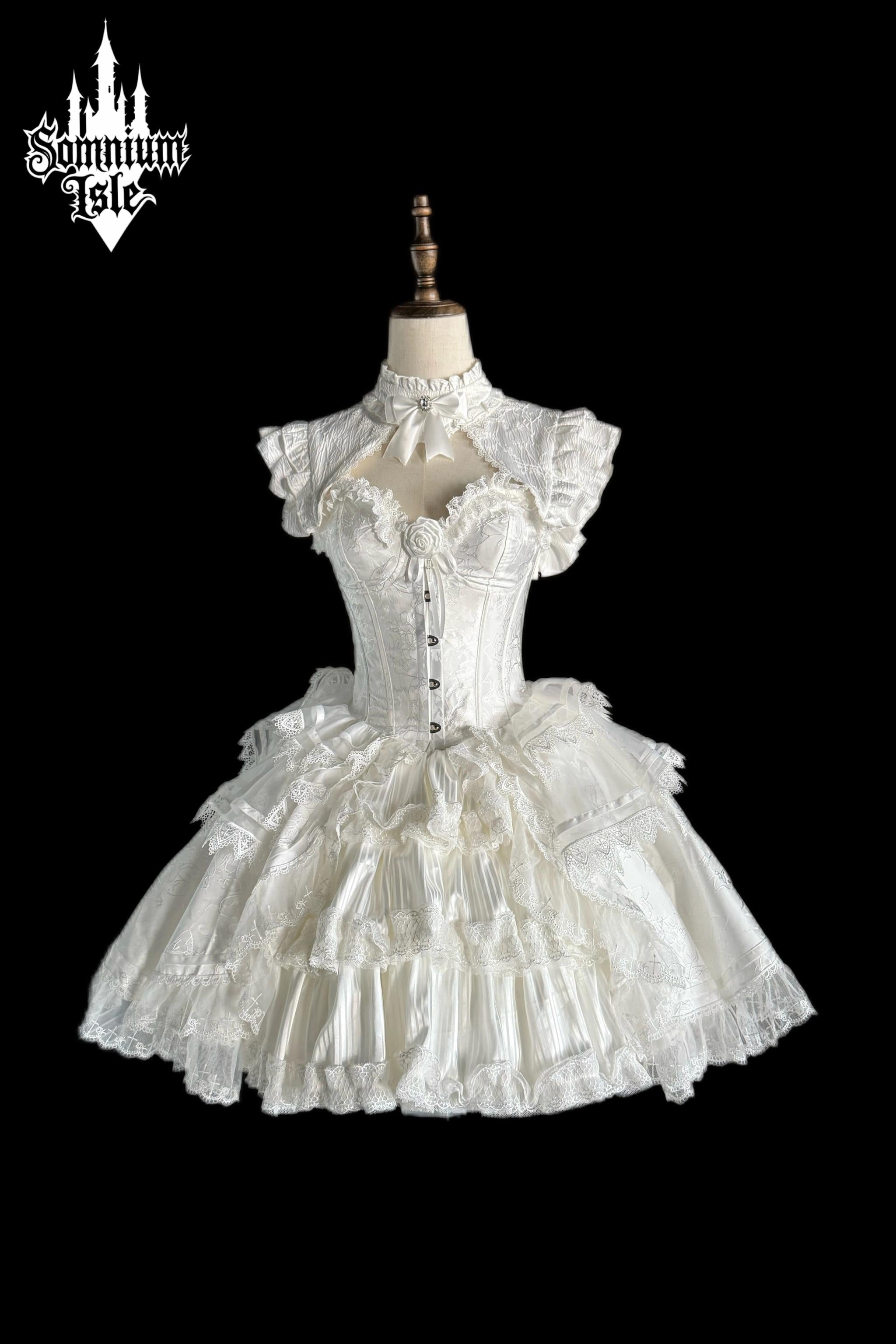 Dawn Sacrament - Striped Jacquard Gothic Lolita SK Dress, Boning Bodice White 3-Piece Set - Short XS