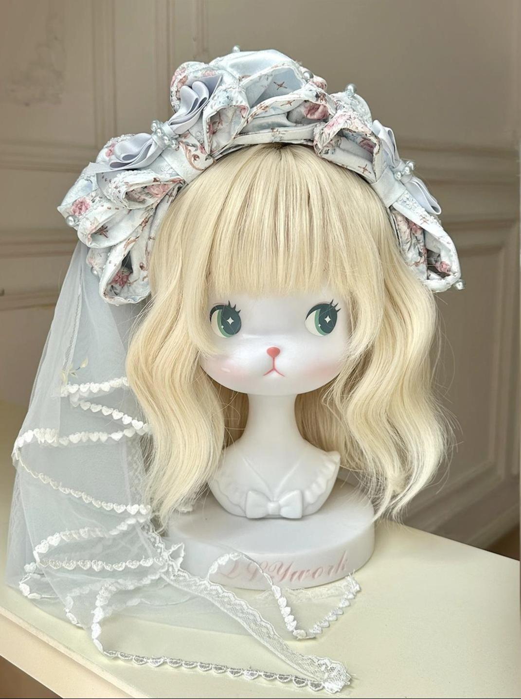 Mengfuzi - Flower in the Mirror - Floral Printed Old School Lolita Accessory Set (Blue) 44315:802642