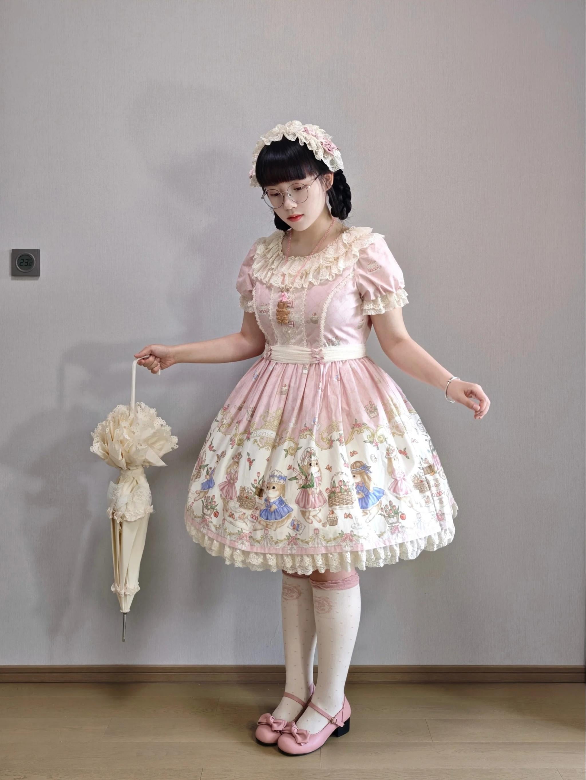 Picnic Bunny - Cotton Daily Doll-like Lolita OP Dress, Bunny Print 45670:858014