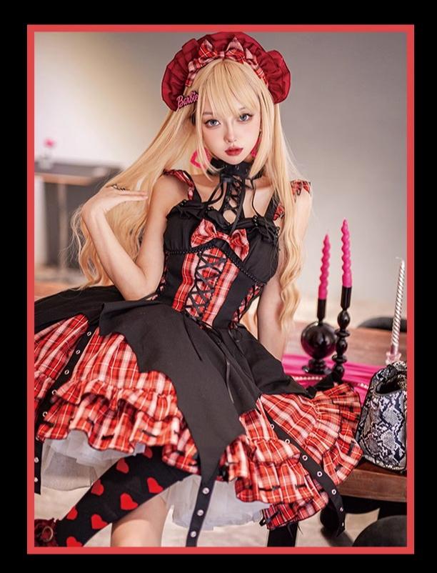 OCELOT~Rock 'N' Row Radio Wave~Punk Lolita JSK Dress Plaid Irregular Hemline Dress