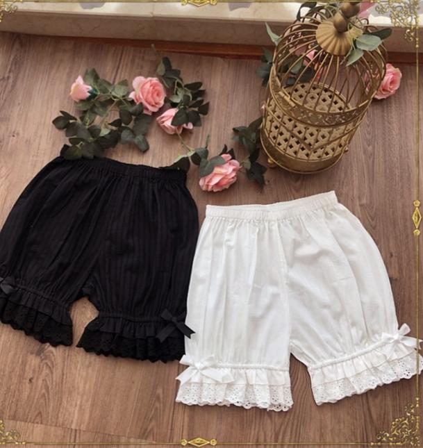 Elastic Waist Lolita Cotton Bloomers, Ruffled Leg Hem 45846:864760