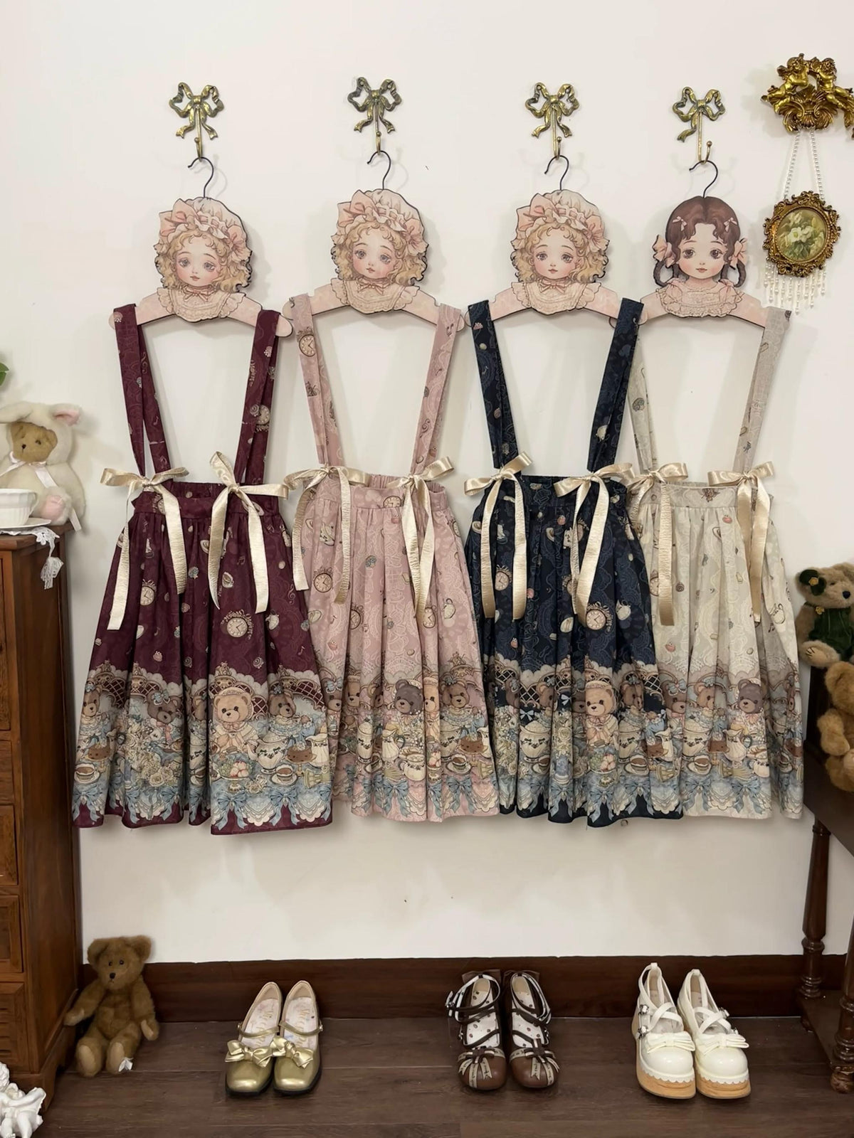 Bear's Tea Party - Kawaii Vintage Lolita Suspender Skirt, Bear Print 46007:871910