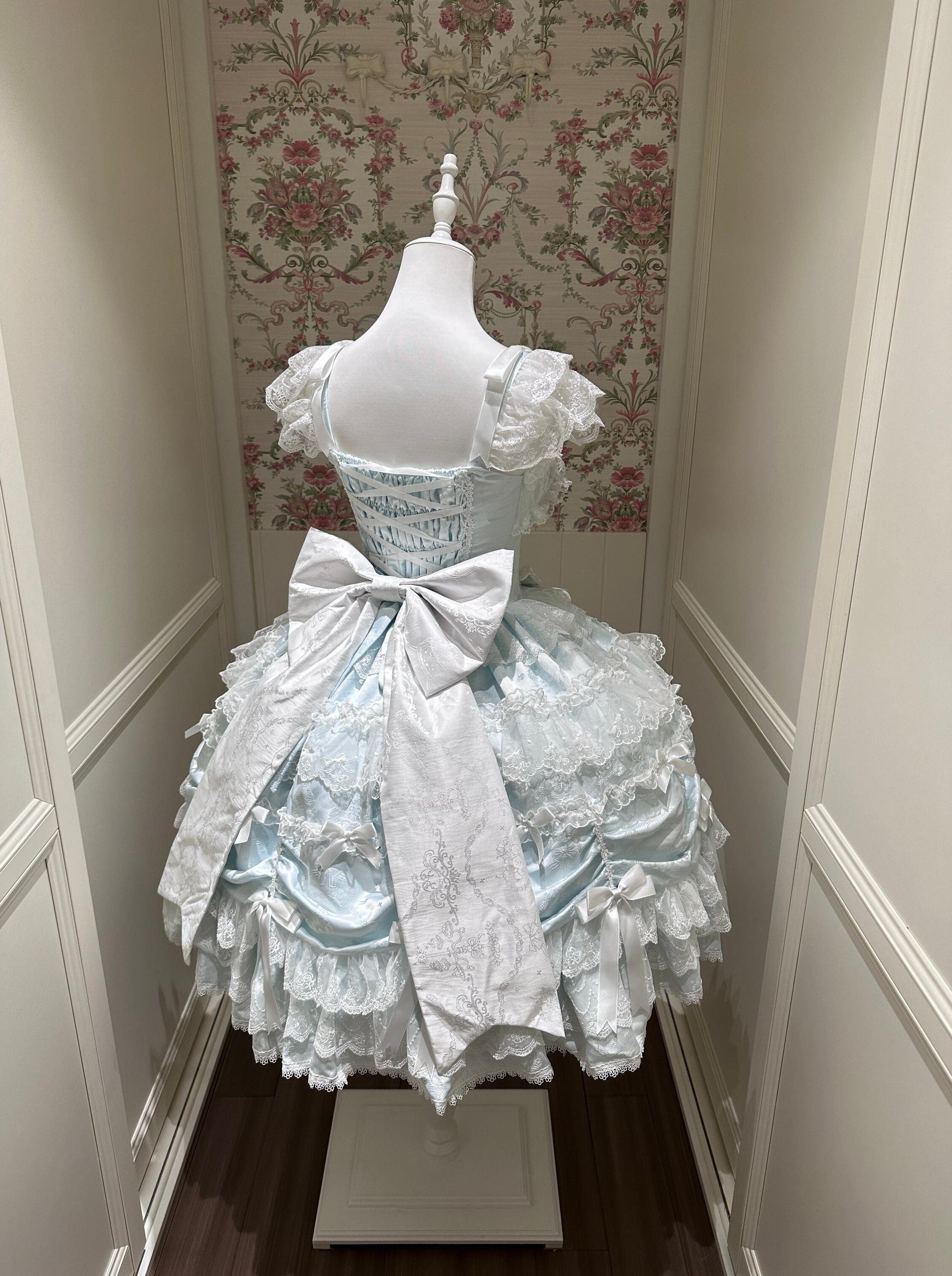 Satin Gift Box - Sweet Lolita JSK Dress, Bows and Layered Lace Blue JSK + Back Trailing Bow S