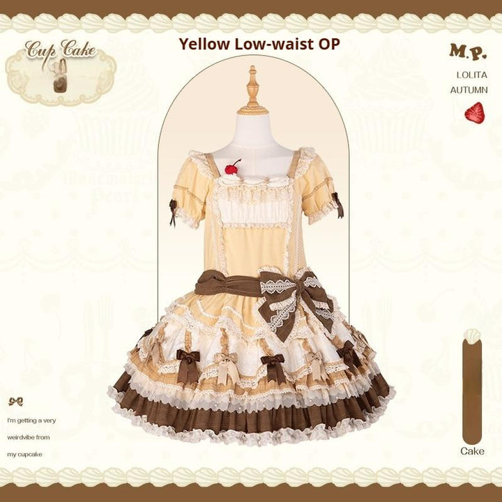 Mademoiselle Pearl~Cup Cake~Sweet Lolita OP Dress Kawaii Lolita JSK SK Low-waist OP - yellow XS 