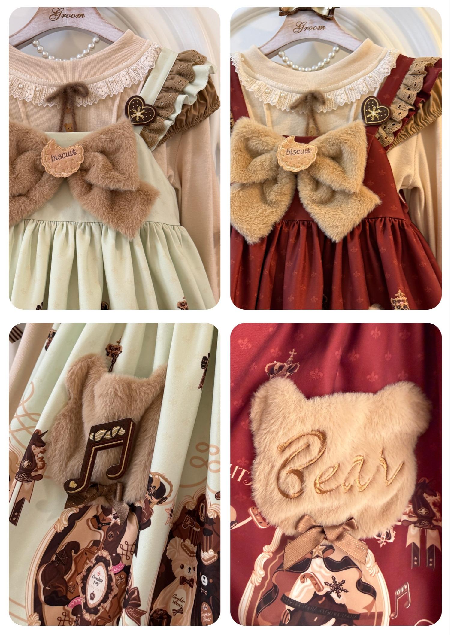 Cream Bear - Print Kawaii Lolita Fake Two-Piece OP, A-lined JSK Dress 44502:811752