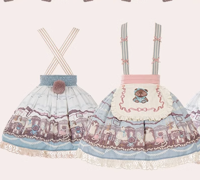 With Puji~Brown Doll House~Kawaii Lolita Brown Print JSK and OP Dress   