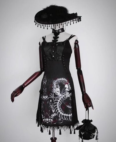Alice Girl~Bony Dragon~Qi Lolita Jumper Dress Dragon Embroidery Cheongsam Black JSK (Short) XS 