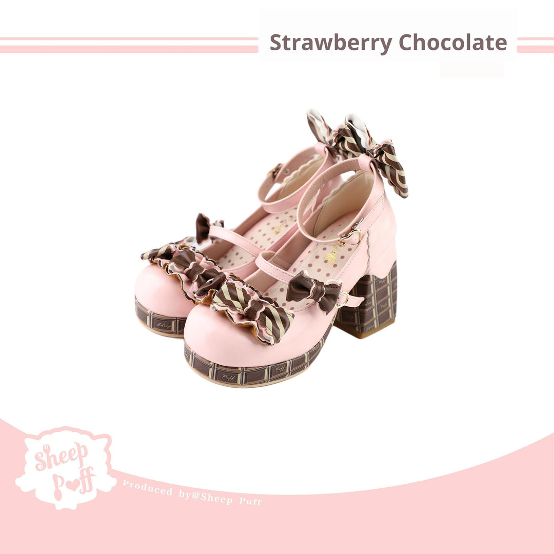 Sheep Puff~Layered Pastry~Sweet Lolita High Heel Shoes Chocolate Prints Shoes 35 Strawberry chocolate