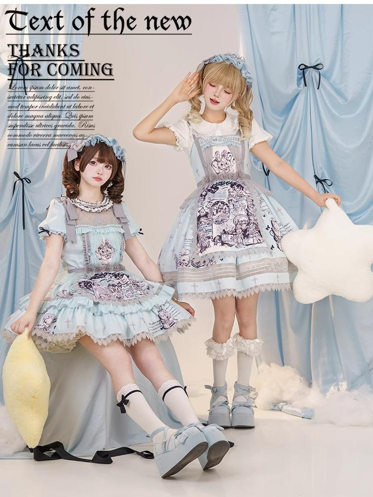 Honey Machine~Doll Theater~Sweet Lolita OP/JSK Bunny Print Daily Lolita Dress   