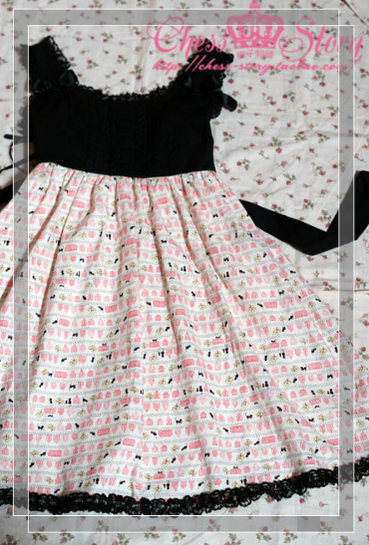 Chess Story~Black Cat Paradise~Kawaii Lolita Pink Black JSK free size beige 