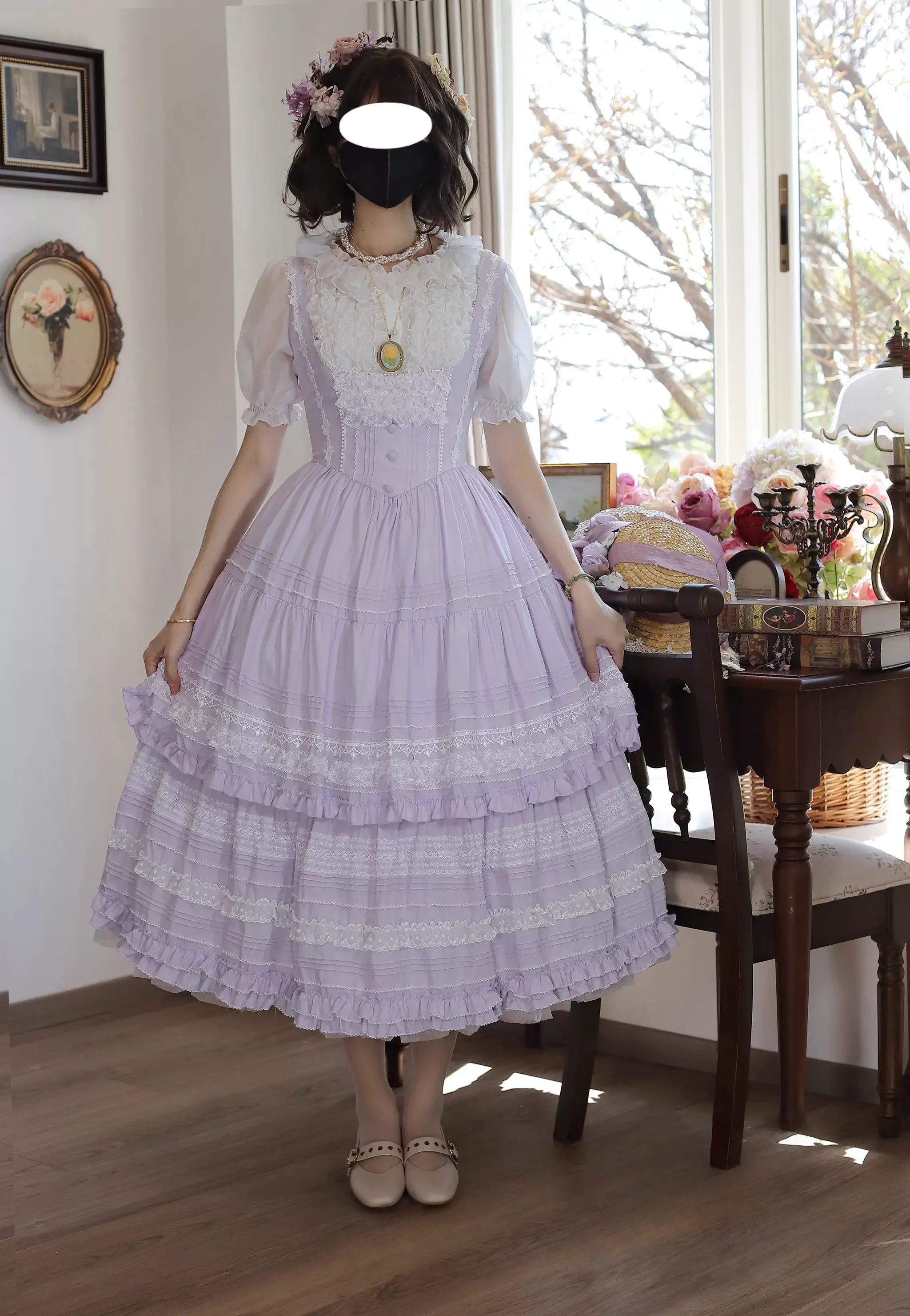 Marguerite Daisy - Classic Lolita Bust-supporting JSK Dress, Layered Lace Light Purple JSK with White Lace Only S
