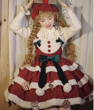 Alice Girl~Lolita Gingerbread Bear~Christmas Lolita Dress Red Jumper Dress   
