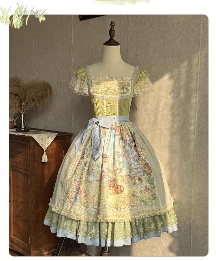 Strawberry Fantasia~Spring Bloom~Country Lolita JSK Set with Animal Prints and Overlay JSK only S