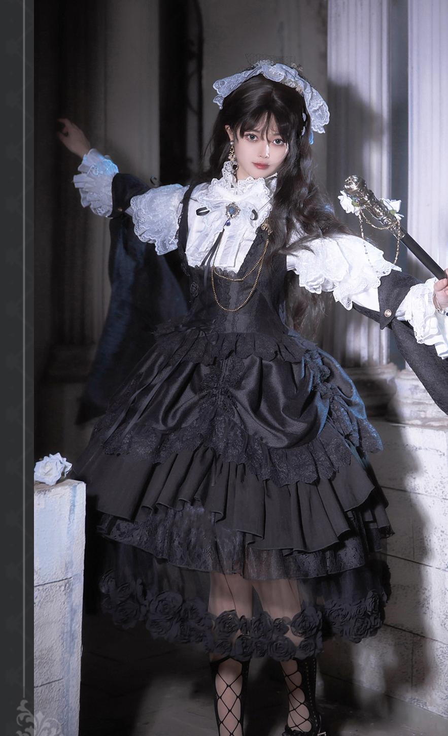 (BFM)Bramble Rose~Rose Deacon~Elegant Lolita Dress Black and White OP S Full set(OP+corset+waistcoat+top hat)