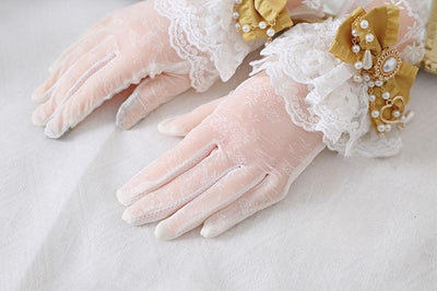 Xiaogui~Vintage Lolita Gloves Lace Bow Bead Chain Sunscreen Gloves ginger  