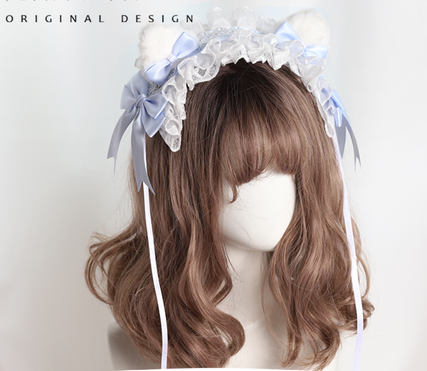 Their Past Decorations - Sweet Lolita Cat Ear Hairband ice blue hairband+cat ears