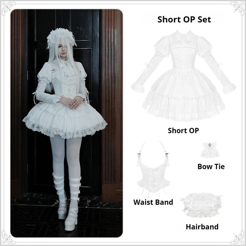 With PUJI - Fallen Heaven - White Gothic Lolita OP Set, Double Layered Skirt Short 4-piece Set (short OP + waist band + bow tie+ hairband) S