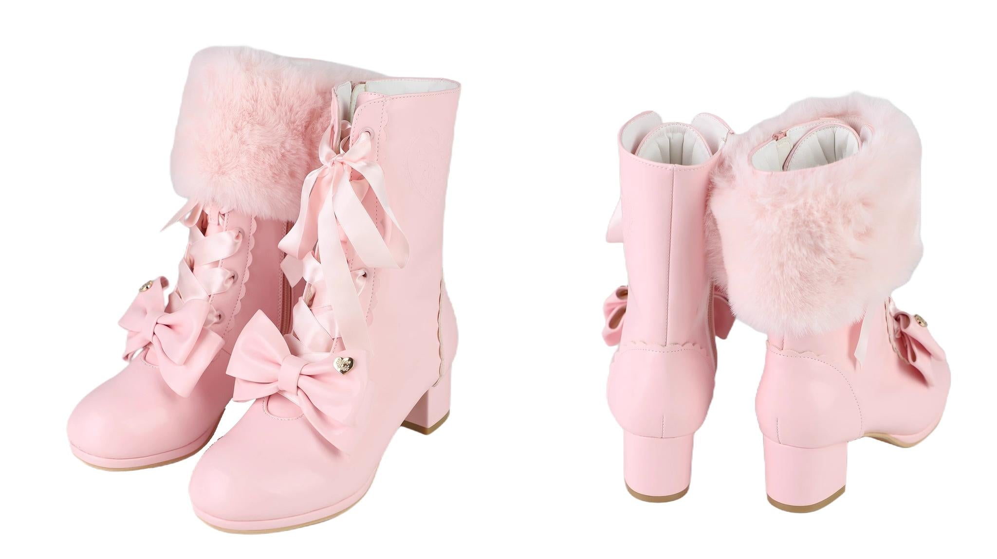 Sheep Puff - Snowy Mochi - Kawaii Lolita Winter Boots, Detachable Fur Trim (粉色 / 35 36 37 38 39 40) 43995:791510