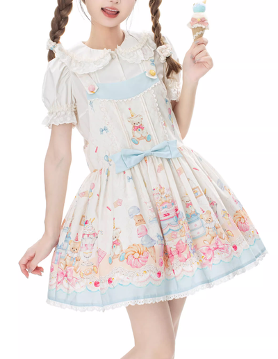 GD Lolita~Cake House~Sweet Lolita Bear Print Blue Dress Set   