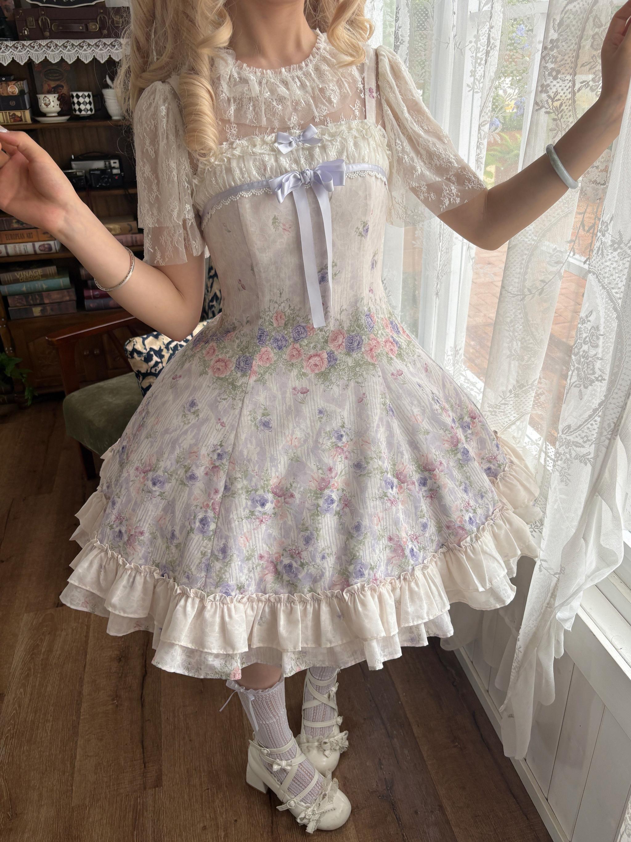 Yuri's Garden - Classic Floral Printed Lolita Dress with Lace 45541:852335